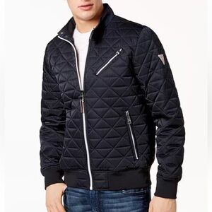 Guess Men's Water-Resistant Quilted Bomber Jacket Streetwear Geo Diamond Size M